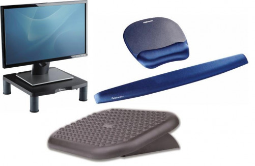 FELLOWES PACK BIENESTAR: REPOSAPIÉS INCLINABLE+ALFOMBRILLA CON REPOSAMUÑECAS MEMORY FOAM+REPOSAMUÑECAS PARA TECLADO MEMORY FOAM+SOPORTE PARA MONITOR (6100801,9172801,9178401,9169301)