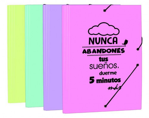 MARIOLA CARPETA CON GOMAS CARTÓN FORRADO C/FRASES SURTIDOS PASTEL EXPOSITOR -24U-