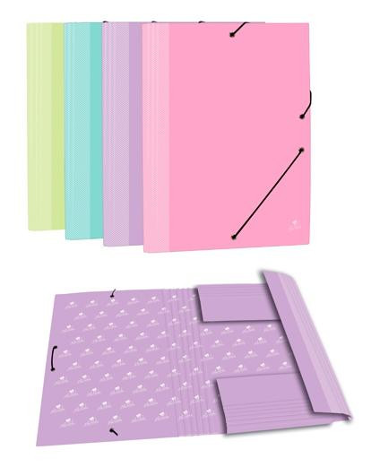 MARIOLA CARPETA CON GOMAS 3 SOLAPAS FOLIO CARTÓN FORRADO PLASTIFICADO MATE SURTIDOS PASTEL EXPOSITOR -24U-