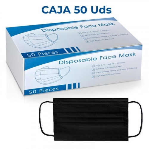 MASCARILLA HIGIENICA 3 CAPAS (TIPO QUIRURGICA) TIPO I NEGRA EN 14683:2019 + AC:2019 DESECHABLE CLIP -50U-