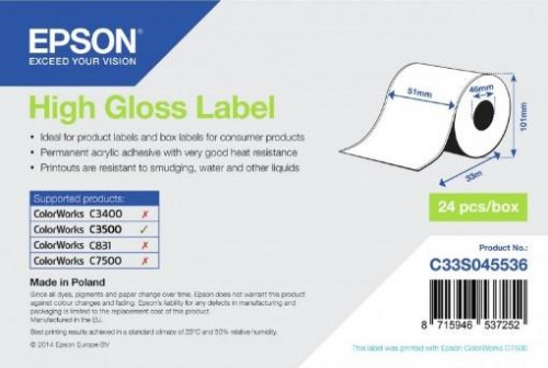 EPSON CINTA DE ETIQUETAS DE TRANSFERENCIA TÉRMICAS ULTRA-BRILLO BLANCA 51MMX33M