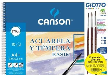 CANSON BLOC ACUARELA Y TÉMPERA BASIK ESPIRAL 10 HOJAS + 3 PINCELES GRATIS 370GR 23X32,5CM UNITARIO