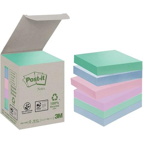 POST-IT NOTAS ADHESIVAS RECICLADAS COLORES VARIADOS 38X51 6 BLOCS