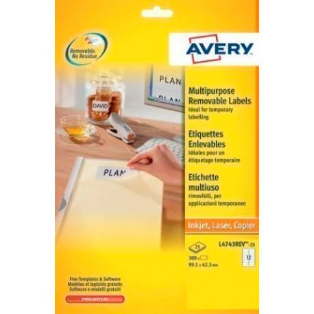 AVERY ETIQUETAS ADHESIVAS REMOVIBLES A4 99,1X42,3 MM BLANCO CAJA 25H -300U-