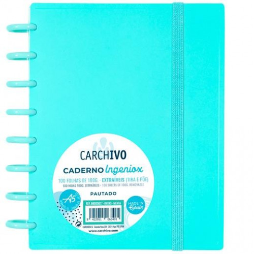 CARCHIVO CUADERNO INGENIOX ESPIRAL A5 100H C/SEPARADORES EXTRAÍBLES 100GR CUADRÍCULA 5X5 TAPAS PP SEMI-RÍGIDO CIERRE C/GOMA MENTA