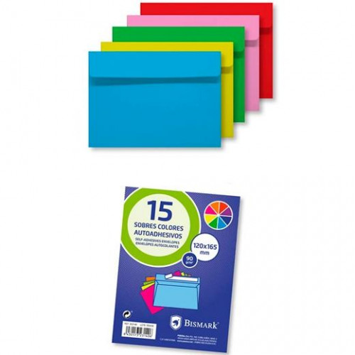 BISMARK SOBRE DE PAPEL AUTOADHESIVOS 90GR 120X165MM COLORES 15 SOBRES SURTIDOS