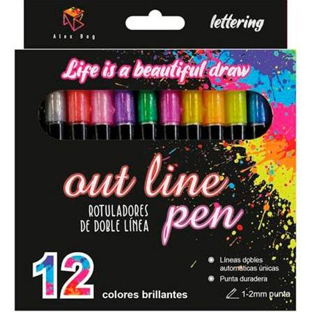 ALEX BOG ESTUCHE 12 ROTULADORES OUTLINER DOBLE LÍNEA BICOLOR NEON PASTEL