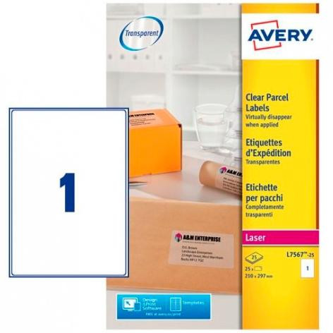 AVERY ETIQUETAS TRANSPARENTES PARA LASER 210X297MM -25 HOJAS-