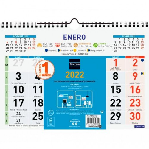 FINOCAM CALENDARIO COLOR DE PARED NÚMEROS GRANDES M 300X210MM 2022