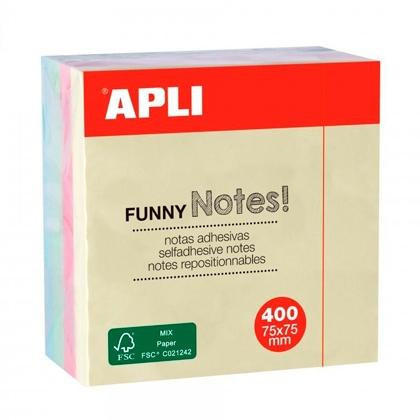 APLI CUBO DE NOTAS ADHESIVAS FUNNY 75X75MM CUBO DE 400H COLORES SURTIDOS PASTEL