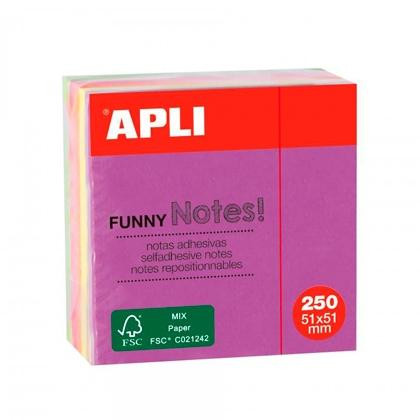 APLI CUBO DE NOTAS ADHESIVAS FUNNY 51X51MM MINI-CUBO 250H COLORES FLUORESCENTES SURTIDOS