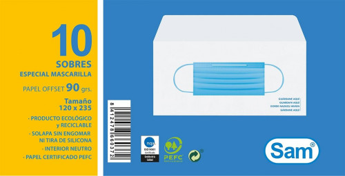 SAM SOBRE PORTA MASCARILLAS CON SOLAPA SIN ENGOMAR NI TIRA DE SILICONA 120X235 90 GRAMOS OFFSET BLANCO 10 SOBRES SAM SOBRE PORTA MASCARILLAS CON SOLAPA SIN ENGOMAR NI TIRA DE SILICONA 120X235 90 GRAMOS OFFSET BLANCO 10 SOBRES