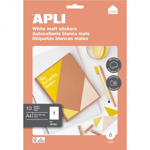 APLI ETIQUETAS BLANCAS MATE PARA INKJET/ 210X297 MM / CANTOS RECTOS - 10 HOJAS-