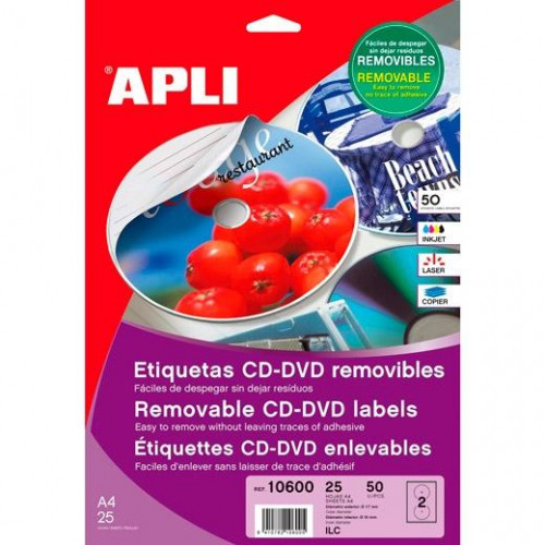 APLI ETIQUETAS CD/DVD REMOVIBLE MATE I/L/C 25 HOJAS