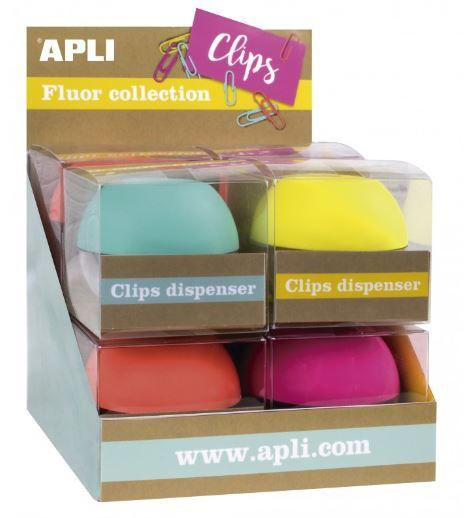 APLI PORTACLIPS REDONDO CON 50 CLIPS COLORES SURTIDOS CAJA EXPOSITOR DE 8