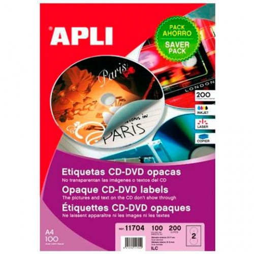 APLI ETIQUETAS PARA CD-DVD PERMANENTES TAMAÑO MEGA 117MM DORSO BLANCO OPACO 100H