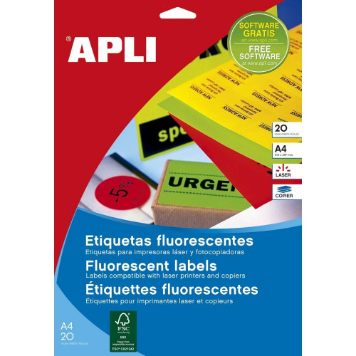 APLI ETIQUETAS AMARILLO FLUOR PARA LÁSER Y FOTOCOPIADORAS / 38,1X21,2 MM / - 20 HOJAS-