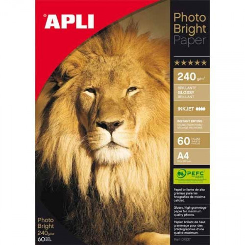 APLI PAPEL FOTOGRÁFICO PROFESIONAL BRILLANTE INKJET 240 GR. TAMAÑO A4 - 60 HOJAS -