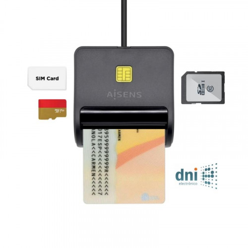 AISENS LECTOR DE TARJETAS INTELIGENTE DNI CON LECTOR DE TARJETAS SIM, SD, MIROSD, MMC, RS-MMC, MMC MICRO NEGRO