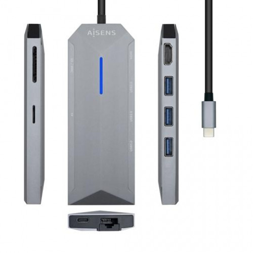 AISENS DOCK STATION 8 EN 1 USB-C A 1XHDMI, 1XRJ45, 3XUSB, 1XPD, 1XSD, 1XMICRO SD, GRIS