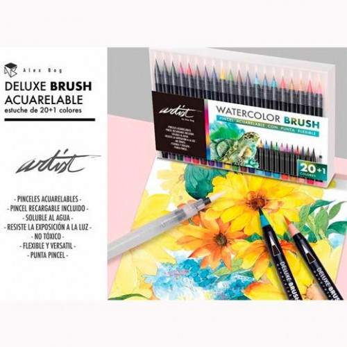 ALEX BOG ROTULADORES DELUXE BRUSH ACUARELABLE ESTUCHE DE 20 + PINCEL C/SURTIDOS