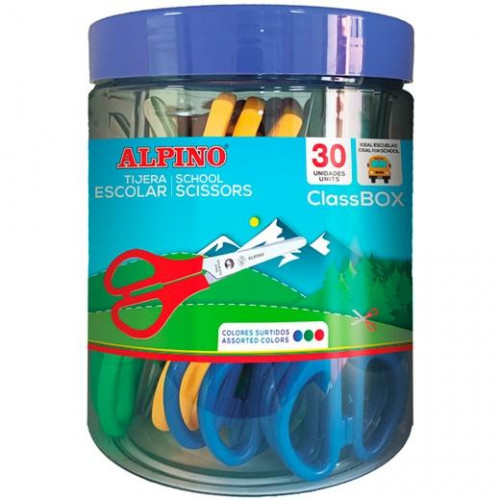 ALPINO TIJERAS ESCOLARES SCHOOL 13CM SIMÉTRICAS MANGO DE PLÁSTICO BOTE DE 30 C/SURTIDOS