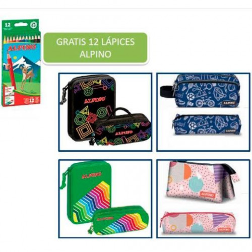 ALPINO LOTE PROMOCIÓN ESTUCHES Y PLUMIERS SURTIDOS +REGALO 12 CAJAS LÁPICES REF. AL010654