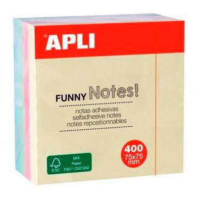 APLI CUBO DE NOTAS ADHESIVAS FUNNY 75X75MM CUBO DE 400H COLORES SURTIDOS PASTEL