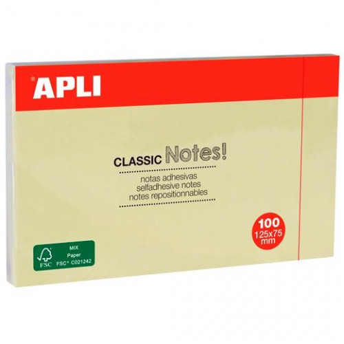 APLI NOTAS ADHESIVAS CLASICAS 125X75 MM AMARILLAS BLOC DE 100 H -12U-