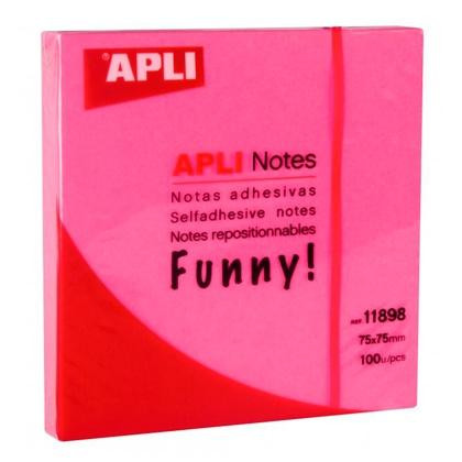 APLI NOTAS ADHESIVAS FUNNY 75X75MM BLOC 100H ROSA FLUORESCENTE -12U-
