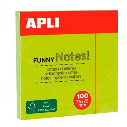 APLI NOTAS ADHESIVAS FUNNY 75X75MM BLOC 100H VERDE FLUORESCENTE -12U-