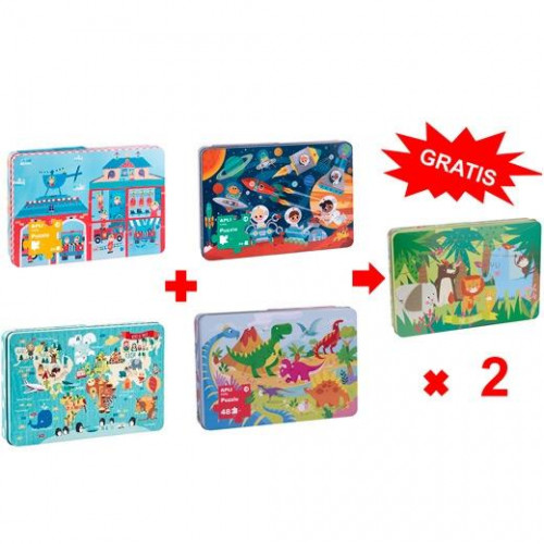 APLI PUZZLES TEMÁTICOS EN CAJA METÁLICA LOTE 4+2 REGALO  +3 AÑOS