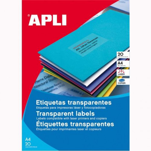 APLI ETIQUETAS ADHESIVAS 210X297MM LÁSER C/RECTOS 1 X 20H POLIÉSTER TRANSPARENTE