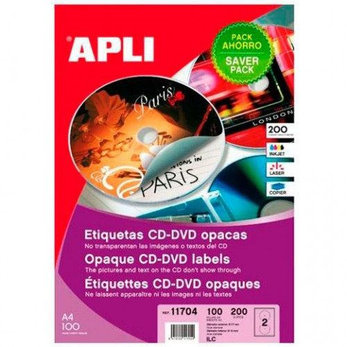 APLI ETIQUETAS ADHESIVAS PARA CD-DVD TAMAÑO MEGA 117MM INKJET/LÁSER DORSO OPACO 2 X 100H BLANCO