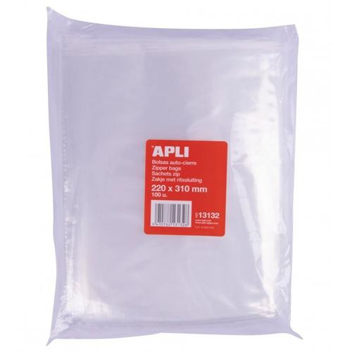 APLI BOLSAS AUTOCIERRE 220X310MM LDPE TRANSPARENTE -100U-