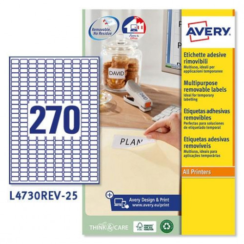 AVERY ETIQUETAS ADHESIVAS REMOVIBLES MINI 17,8X10MM INKJET/LÁSER 270 X 25H BLANCO