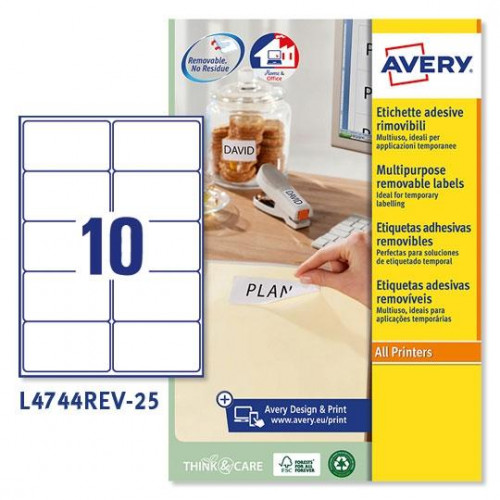 AVERY ETIQUETAS ADHESIVAS REMOVIBLES 96X50,8MM INKJET/LÁSER 10 X 25H BLANCO