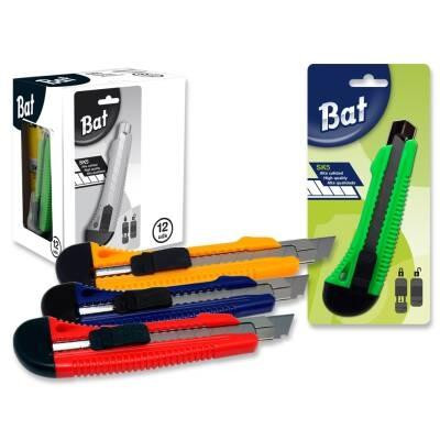 BAT CUTTER ANCHO / CUCHILLA FRACTURABLE DE 18 MM / SISTEMA BLOQUEO CUCHILLA INTERCAMBIABLE GUIA METÁLICA BLISTER COLORES SURTIDOS