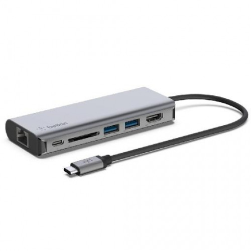 BELKIN ADAPTADOR USB-C 5EN1 ETHERNET, USB-C, USB-A, HDMI, SD GRIS