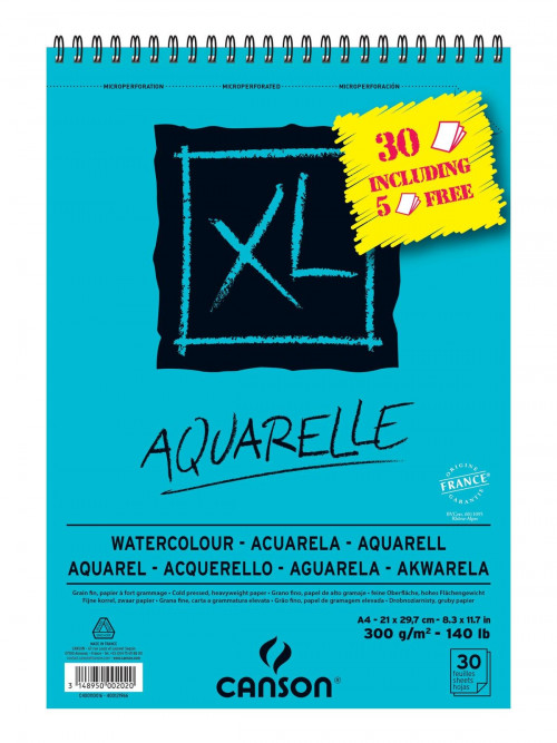 CANSON BLOC ACUARELA AQUARELLE FINO XL ESPIRAL 25 + 5(GRATIS) HOJAS 300GR 21X29,7CM -