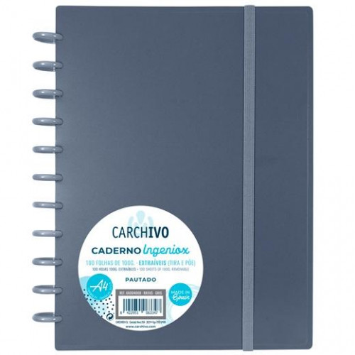 CARCHIVO CUADERNO INGENIOX ESPIRAL A4 100H 100GR PAUTADO 7MM TAPAS PP SEMI-RÍGIDO CIERRE C/GOMA GRIS