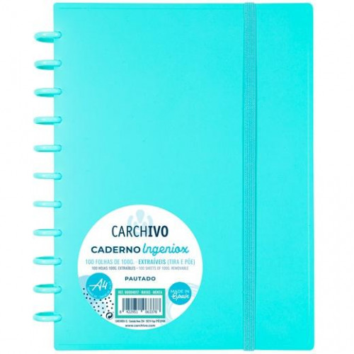 CARCHIVO CUADERNO INGENIOX ESPIRAL A4 100H 100GR PAUTADO 7MM TAPAS PP SEMI-RÍGIDO CIERRE C/GOMA MENTA