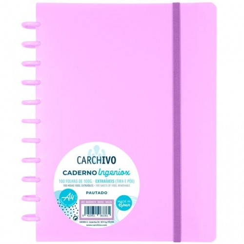 CARCHIVO CUADERNO INGENIOX ESPIRAL A4 100H 100GR PAUTADO 7MM TAPAS PP SEMI-RÍGIDO CIERRE C/GOMA MALVA