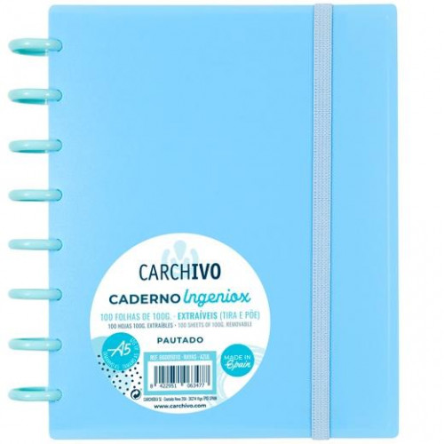 CARCHIVO CUADERNO INGENIOX ESPIRAL A5 100H C/SEPARADORES EXTRAÍBLES 100GR PAUTADO 7MM TAPAS PP SEMI-RÍGIDO CIERRE C/GOMA AZUL