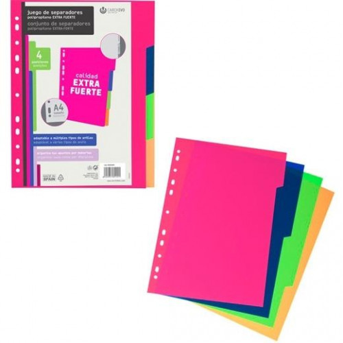 CARCHIVO SEPARADORES JUEGO 4 POSICIONES A4 PP EXTRA FUERTE FASHION C/SURTIDOS