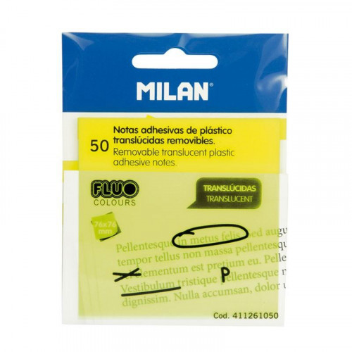 MILAN NOTAS ADHESIVAS 50 HOJAS 76X76MM TRANSLÚCIDAS AMARILLO FLUORESCENTE