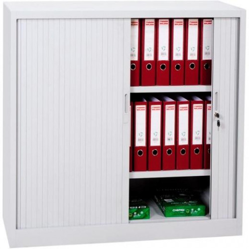 ARMARIO METÁLICO DOS PUERTAS PERSIANA CORREDERAS 105X102X45 CM (ANCHO X FONDO X ALTO) INCLUYE 2 BALDAS ACABADO EN GRIS. (MONTADO)
