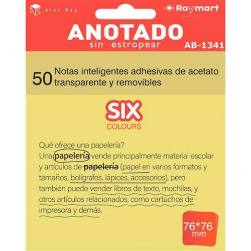 ROYMART BLOC NOTAS ADHESIVAS INTELIGENTES REMOVIBLES TRANSPARENTES 50H 76X76MM ACETATO AMARILLO FLÚOR