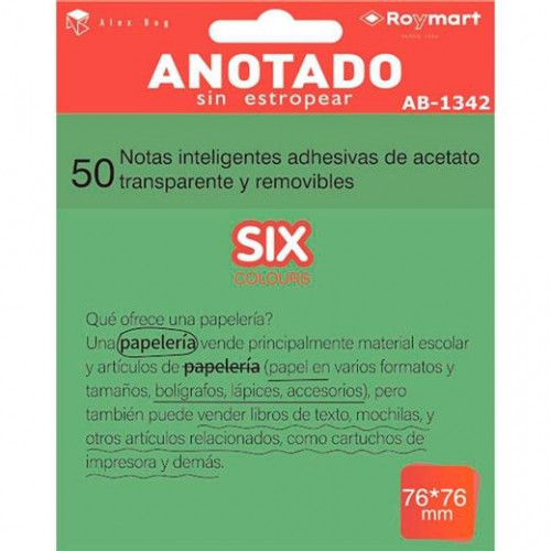 ROYMART BLOC NOTAS ADHESIVAS INTELIGENTES REMOVIBLES TRANSPARENTES 50H 76X76MM ACETATO VERDE FLÚOR